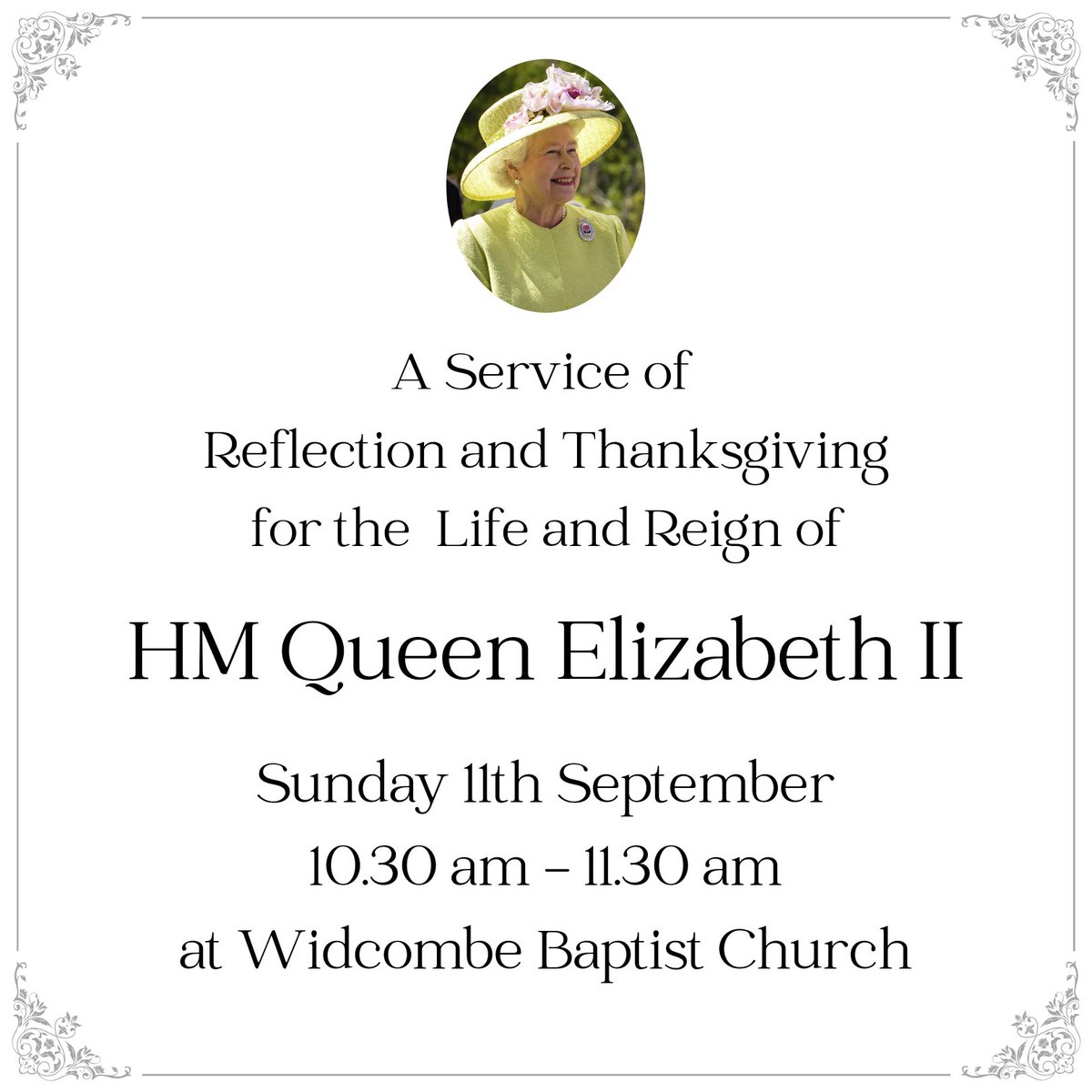 Everyone is warmly invited to join us tomorrow to remember and give thanks for the incredible life of the Queen. 

There will be a time to reflect, alongside well loved hymns and a short look at Psalm 23 from the Bible.

The service will also be live on YouTube.

#QueenElizabeth
