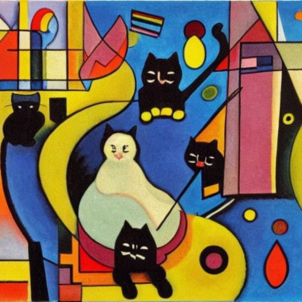 nishio_en's tweet photo. a cat sitting on a chair in #JoanMiró #Synthetism style, #ComputerCreatedCats using #StableDiffusion by Dr. NISHIO Hirokazu at 20220826160317 https://t.co/V3xUMMTURJ https://t.co/18krkEDV39