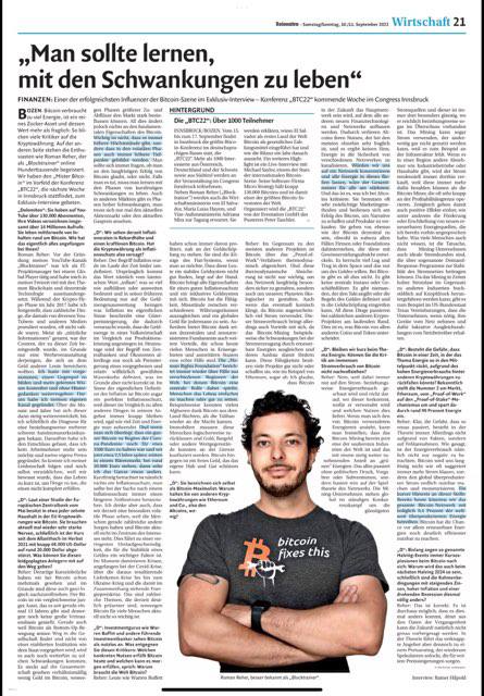 blocktrainer's tweet photo. Unser @RomanReher ist heute auf der Titelseite der #Dolomiten, der größten Tageszeitung Südtirols. Er gab ein umfassendes Interview zu #Bitcoin #Inflation uvm. 🔥🔥🔥 https://t.co/eB5qMJyNqp