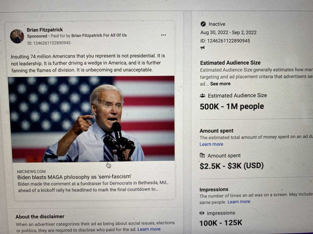 jgcOCANADA's tweet photo. Last week, at a #PA01 re-election campaign cost of $3000, fake moderate ⁦@RepBrianFitz⁩ ran Facebook ads claiming Biden is divisive for calling out #MAGAextremists in the Republican Party

Calling out fascism is not divisive. It is necessary for democracy &amp; it is courageous https://t.co/WBQ4VqLmLT