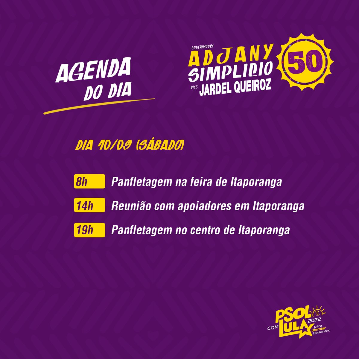 AdjanySimplicio's tweet photo. 🗓️ Agenda de Adjany Simplicio e Alexandre Soares @alexandrepsol
Dia 10/09 (sábado)
8h - Panfletagem na feira de Itaporanga
14h - Reunião com apoiadores em Itaporanga
19h - Panfletagem no centro de Itaporanga
🌞 #VouComAProfessora #Alexandre500 #AgoraSaoOutros500 https://t.co/Jyr8IpA0wX
