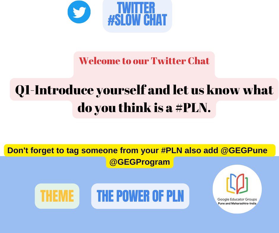 GEG Pune and Maharashtra (@gegpune) on Twitter photo 🥳GEG Pune's #TwitterChat is kicking off!
✅Introduce yourself! Let us know where you are joining us from.
✅Just write "A1"to start and don't forget to use #gegpune and #gegprogram <a href="/RitikaTyagi06/">Ritika Tyagi</a> <a href="/HonapReshma/">Reshma Honap</a> <a href="/BapatMukul/">Mukul Bapat</a> 🥳GEG Pune's #TwitterChat is kicking off!
✅Introduce yourself! Let us know where you are joining us from.
✅Just write "A1"to start and don't forget to use #gegpune and #gegprogram <a href="/RitikaTyagi06/">Ritika Tyagi</a> <a href="/HonapReshma/">Reshma Honap</a> <a href="/BapatMukul/">Mukul Bapat</a>