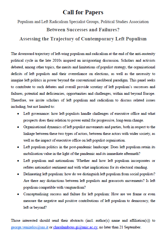 populismPSA's tweet photo. Regarding our general CfP for the upcoming @PolStudiesAssoc conference in Liverpool:
In collaboration with the Left Radicalism SG, we want to organise one or two panels on #leftpopulism. See below! https://t.co/pQ3I4NYMoa