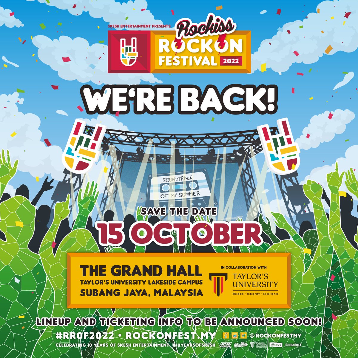 📢 SAVE THE DATE 📢

Get ready to party this October 15th at Malaysia’s Favourite International Rock Music Festival - Rockiss Rock On Festival 2022 is back!! 

For more info, log onto rockonfest.my 🤘

#RROF22