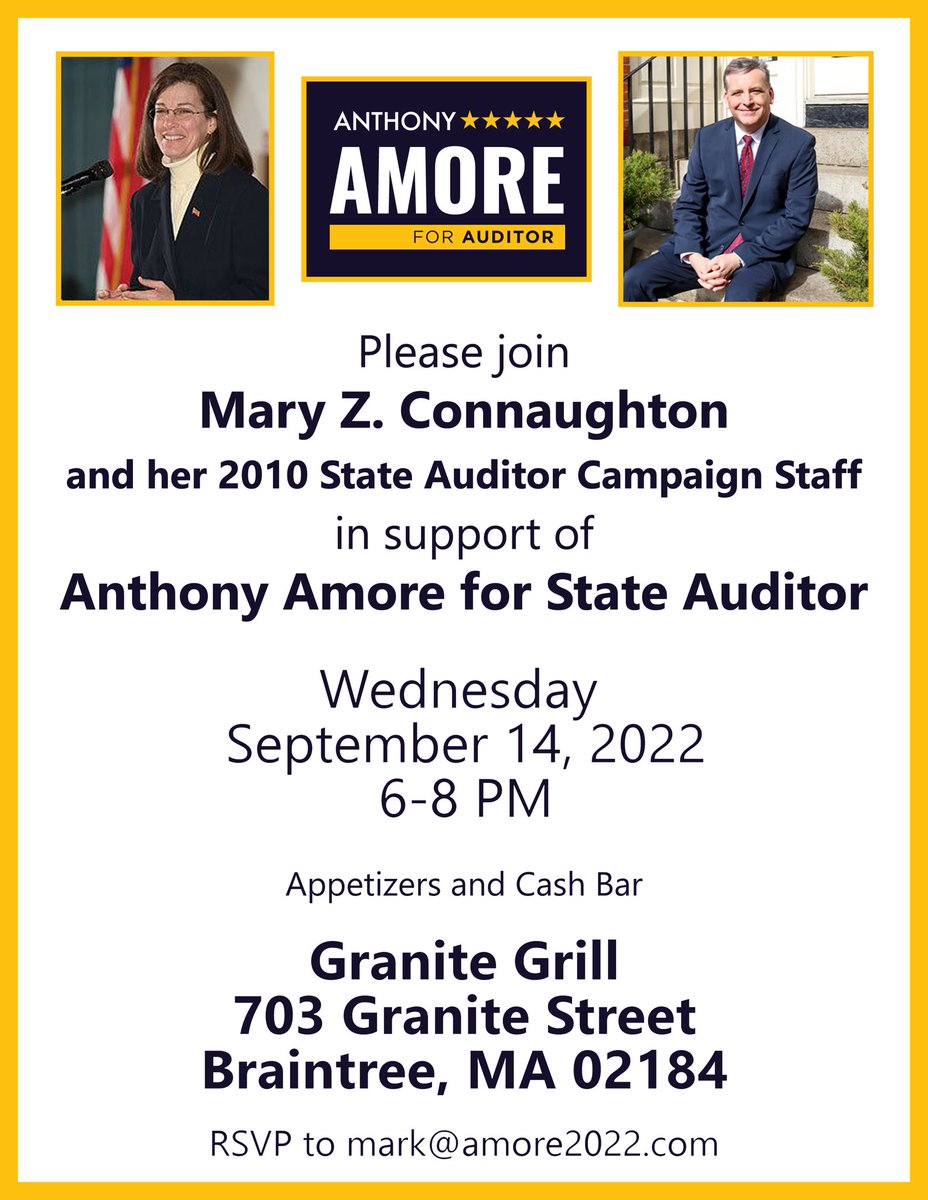 Sean4Braintree's tweet image. Stop by this Wed 9/14 6-8 PM @ Granite Grill. Meet Anthony Amore who is running to be our next State Auditor. Learn about the important job the Auditor does and how Anthony will be a check and balance on Beacon Hill. Free event #Independent #Competent #Credentialed