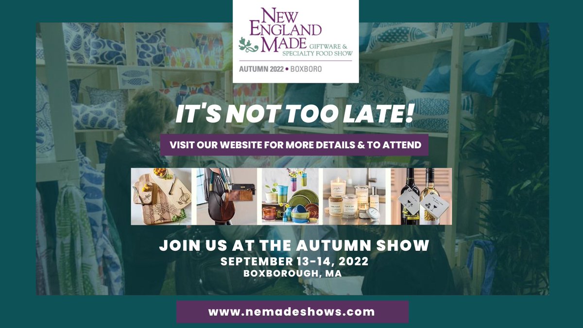 NEmadeshows's tweet photo. It's not to late to join us at the NEM: Autumn show this Tuesday &amp; Wednesday - it's where you'll find the newest, best local products that will sell in your stores! Visit us at https://t.co/eUcvHYlw5q for more info. #nemadeshows #nemade #newenglandmade #wholesale https://t.co/BcbuZSxkxQ