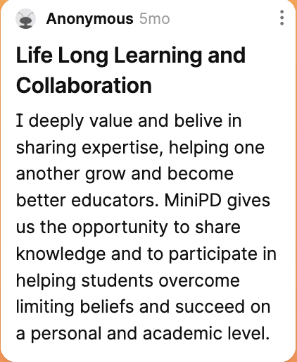 MyMiniPD's tweet photo. 🎶#MiniPD coaches share why #MiniPDResonates with them. 

😍 A common vision for ongoing personal professional learning is resonant within the #MiniPDCommunity.

🔎 Create a free account and find your coach today! https://t.co/hUtK1AN7fE https://t.co/zlevG08Ry7