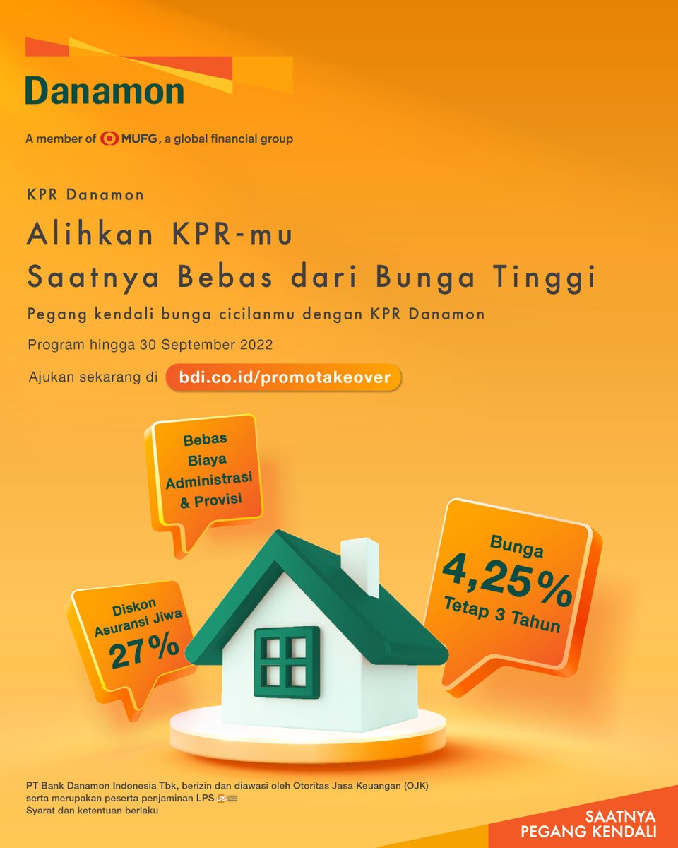danamon's tweet photo. Masih ragu buat Take Over-in KPR kamu ke Danamon?
Gausah ragu! Karena ada penawaran menarik promo Bunga 4,25% tetap 3 tahun!
Yuk cek cara dapetin promonya, kunjungi https://t.co/d7cXi4oGMf
Jangan sampai kehabisan promonya!
Periode s.d 30 September 2022
#Danamon #KPRDanamon https://t.co/tw5NlYKpaQ