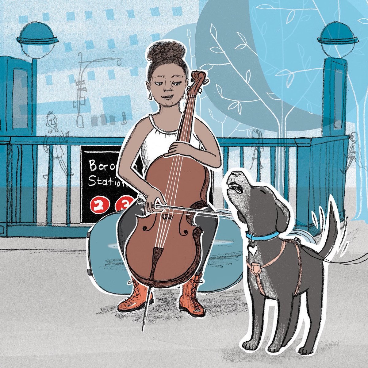 violetlemay's tweet photo. This impromptu duet is from my 2017 book NY Dogs. I made all of the art for this book with a pencil, paper, a scanner, and Photoshop using only 3 colors β€οΈππ€ #violetlemay #amwriting #illustration #newyork #nyc #nydogs #designlife #cello #busking #busker #musician #musicianlife https://t.co/dSaWpmUR6G