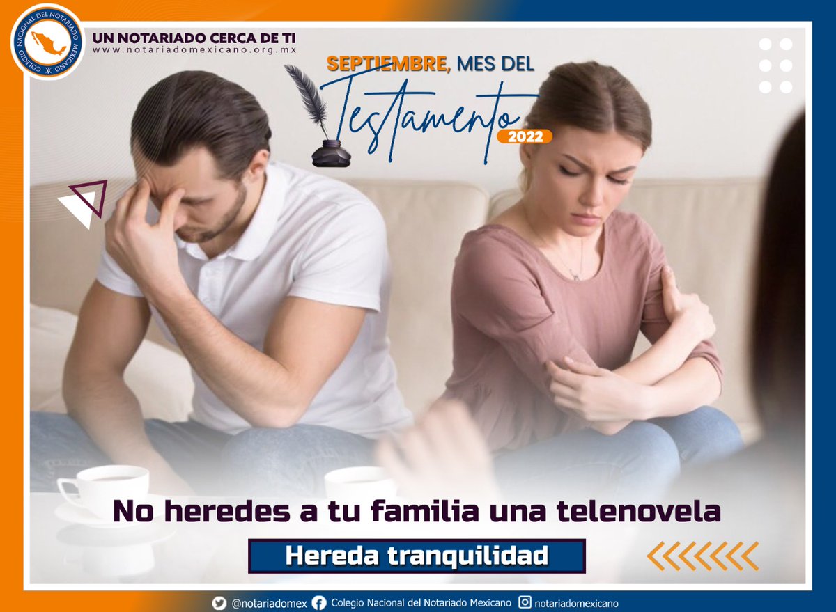 El Testamento garantiza que tus bienes se puedan transmitir en forma ordenada y pacifica a quienes tu decidas. Hereda bienes NO problemas.

#SeptiembreMesDelTestamento
#UnNotariadoCercaDeTi
#NotariadoMexicano
#Sumemos