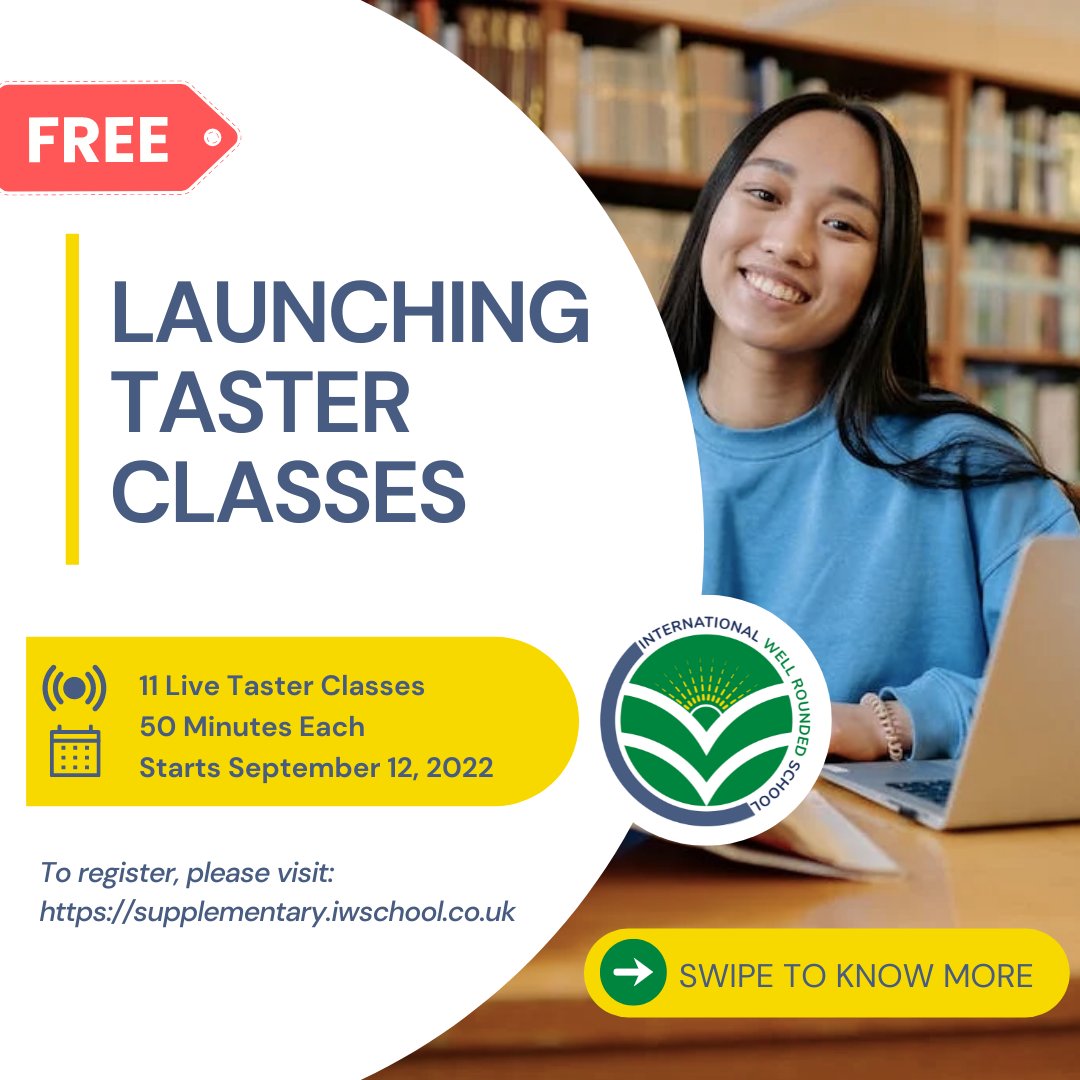 iwsonlineschool's tweet photo. Experience first-hand the high-quality of learning and our state-of-art online platform with our FREE Live Online Taster Classes. Register Now! https://t.co/csa2v0Z9sU
#TasterClasses #FreeOnlineClasses #OnlineEducation #TransformingEducation #SampleClasses #IGCSE #EnglishClass https://t.co/xwI9y6oLFB