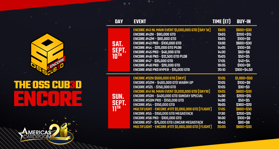 ACR_POKER's tweet photo. ๐ฆ Our $29 Million #OSSCub3dEncore enters its first weekend of action! Check out the weekend schedule, including our $1 Million Main Event ($630 buy-in) that has its Day 1A on #Saturday and Day 1B on #Sunday. Both are at 1:05pm ET.
๐https://t.co/rvVpisRxfN
#ACR #OSSCubed #OSS https://t.co/nWjbGTKAL0