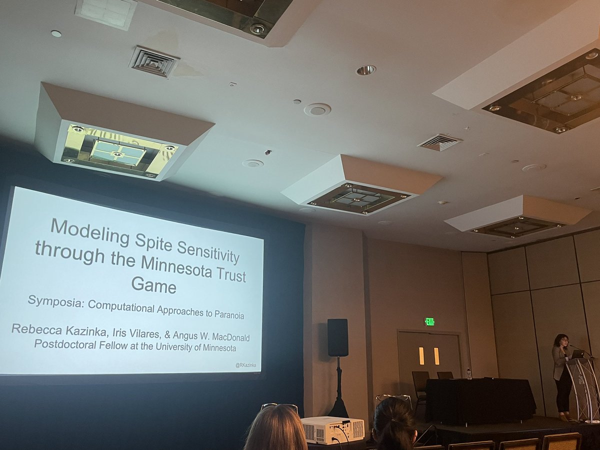 Go Becca! <a href="/RKazinka/">Dr. Rebecca Kazinka (she/her)</a> giving her first #SRP2022 talk in the Computational Models of Paranoia symposium. Thanks to Julia @jmsheff for pulling this all together and keeping the train on the tracks.