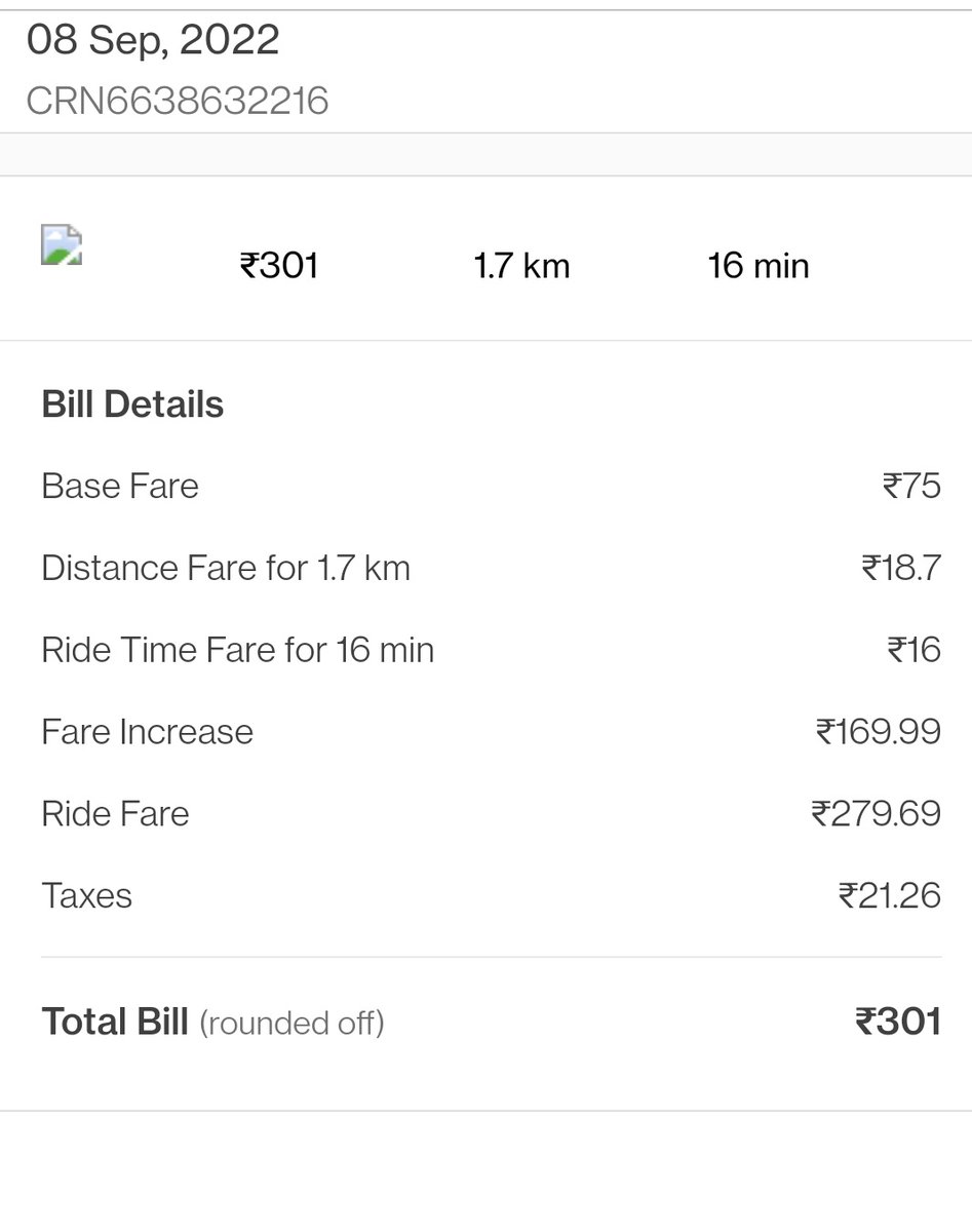 Arpit_1802's tweet photo. Hey @Olacabs 

Can you help in understanding this fare break up!!!

I was charged Rs. 301 for 1.7 km / 16 min ride.

This 'fare increase' head is absolute cheat... @Ola_Mumbai #Ola https://t.co/Nqo5DQvgQB