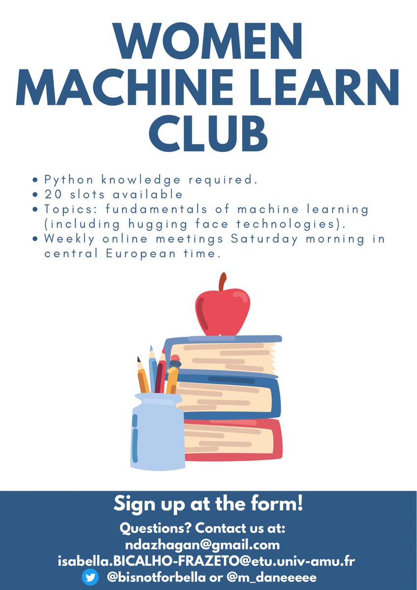 m_daneeeee's tweet image. Hi everyone, are you looking to work on projects and improve your machine learning skills? 
@bisnotforbella and I will be organizing a study group for 20 ladies. You will learn about how to use @huggingface technologies and other machine learning concepts.
