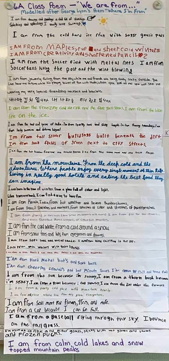 MsLaffinJST's tweet photo. I saw this idea here, on Twitter, but forgot to note from whom to give credit. Used mentor text https://t.co/ZKL0htRqne Modelled my “I am from” statement. Talked about descriptive words then the students had time to create this beautiful class poem. So proud. @JSTwrdsb @wrdsb https://t.co/IrOM9cuYGG