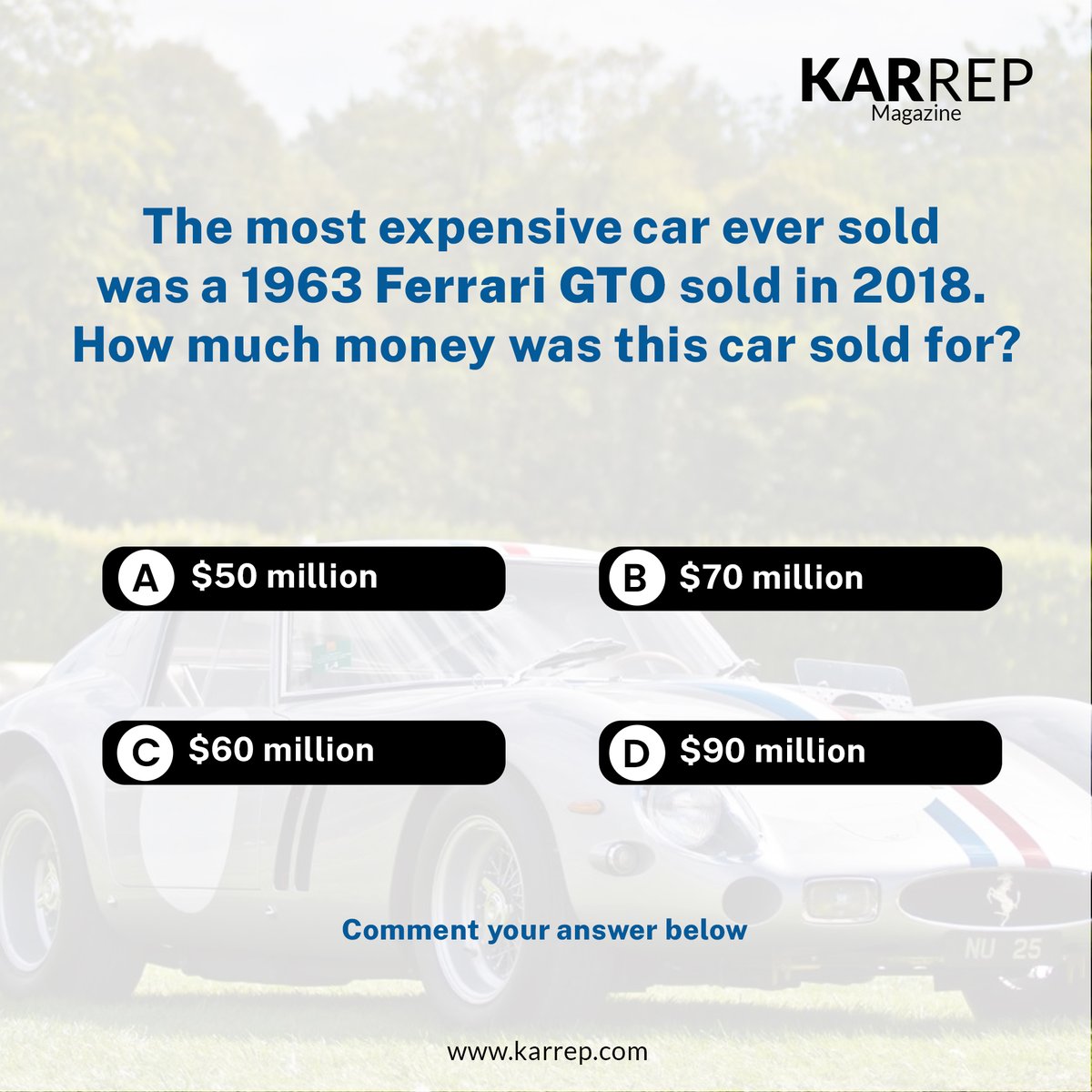 Karrep2021's tweet photo. Comment your Answer Below 👇

#karrep #magazine #karrepmagazine #trivia #easyquestion #answerbelow #comment #car #cars #ferrari #f1 #trend #trends #trending #automotive #automotiveindustry #automobile #automobileindustry #carrepair #autorepair https://t.co/u6Kd12q8bD