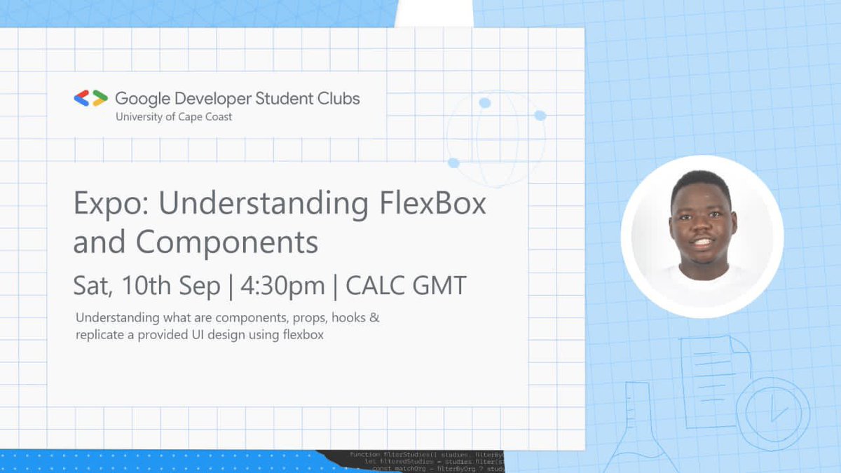 gdsc_ucc's tweet photo. Join us Today in creating custom components with flexbox, hooks, and props.
Let's clone the UI of your favorite app.
Venue: CALC3
Date: September 10th, 2022
Time: 4:30pm GMT.

@googledevs
@googlestudents #DeveloperStudentClubs
Powered by @Google https://t.co/cFSJIL4hSn