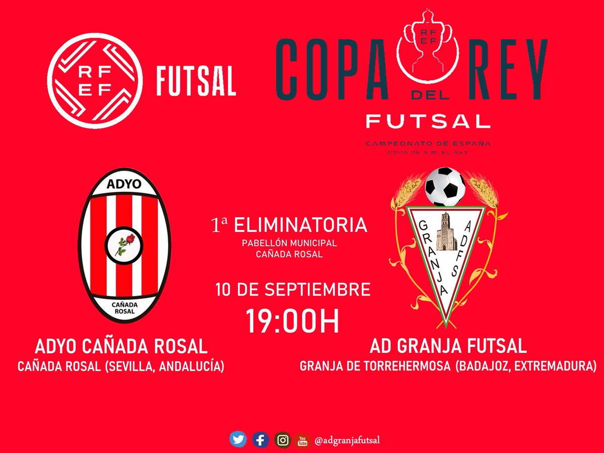 Día de partido 
COPA DEL REY
⚽️ @ADYOCANADAROSAL 🆚️ <a href="/adgranjafutsal/">Granja Futsal</a> 
⏰️ 19:00h
📺 Facebook Cañada Rosal
#GranjaFutsal #ContamosContigo #CopaDelRey