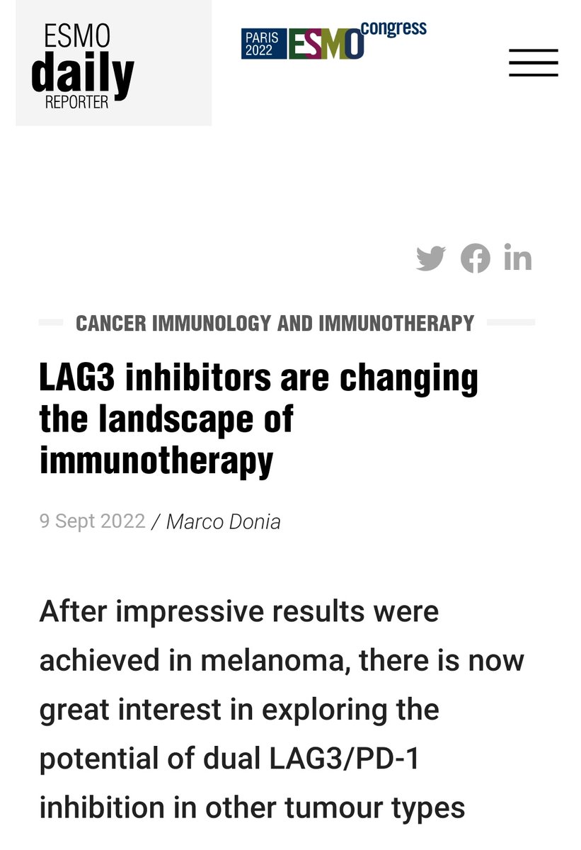 Marco Donia (@doniamarco) on Twitter photo Attending #ESMO22? Do not miss talks on promises and controversies about LAG3-targeting agents
dailyreporter.esmo.org/esmo-congress-…
<a href="/myESMO/">ESMO - Eur. Oncology</a> <a href="/CCITdk/">CCIT-DK: National Center for Cancer Immune Therapy</a> Attending #ESMO22? Do not miss talks on promises and controversies about LAG3-targeting agents
dailyreporter.esmo.org/esmo-congress-…
<a href="/myESMO/">ESMO - Eur. Oncology</a> <a href="/CCITdk/">CCIT-DK: National Center for Cancer Immune Therapy</a>