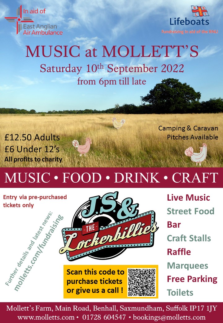 MollettsFarm's tweet image. Tonight's the night, folks! All systems are go🌭🥙🍺🍷🎸🌞. Weather's looking good. Food &amp;amp; well-stocked bar open at 6pm Live @Lockerbillies music from 8pm. All profits to @EastAngliAirAmb and @AldeburghRNLI 🚁🛟. Tickets and more info at molletts.com/fundraising/. Book now 🎟️😀👍