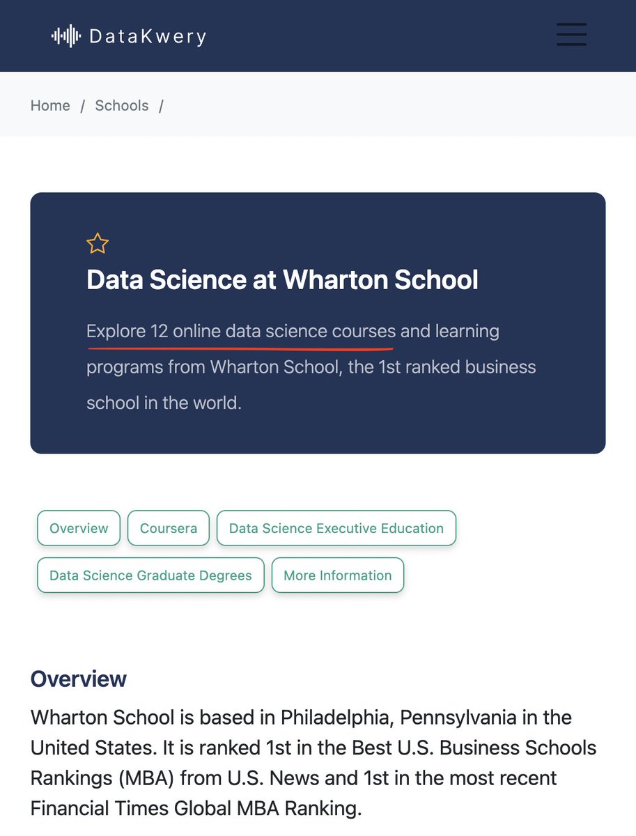 DataKwery's tweet photo. The @Wharton Business School at @Penn is prolific at putting tons of data content online 🎉

Check out 12 focused opportunities from AI Strategy to People Analytics. Or consider their unique &amp; highly competitive MBA w/ a major in Business Analytics

🔗 https://t.co/fzxUpQuNdD https://t.co/ZS6wUQKRCy