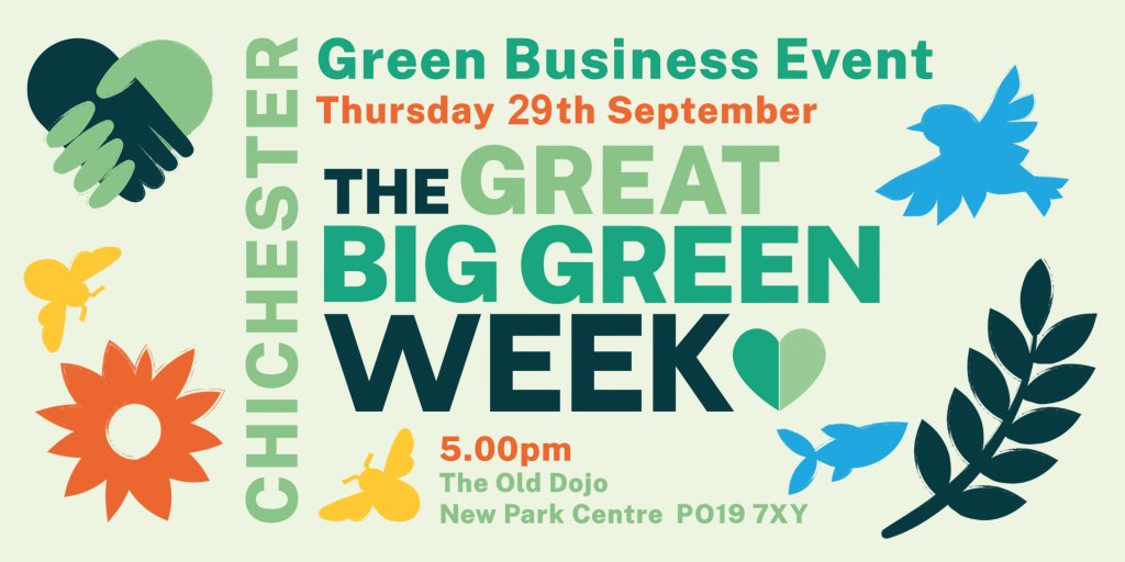 As part of the national Great Big Green Week, Transition Chichester  is holding a business event at New Park Centre, Chichester on Thursday 29th September 5pm-6.30. 
transitionchichester.org/the-great-big-…
transitionchichester.org/the-great-big-…
<a href="/harriescoffee/">Heather Barrie</a> <a href="/chiuni/">University of Chichester</a>  <a href="/uniofbrighton/">University of Brighton</a> <a href="/UKHarvest/">UKHarvest</a> @ChichesterFT
