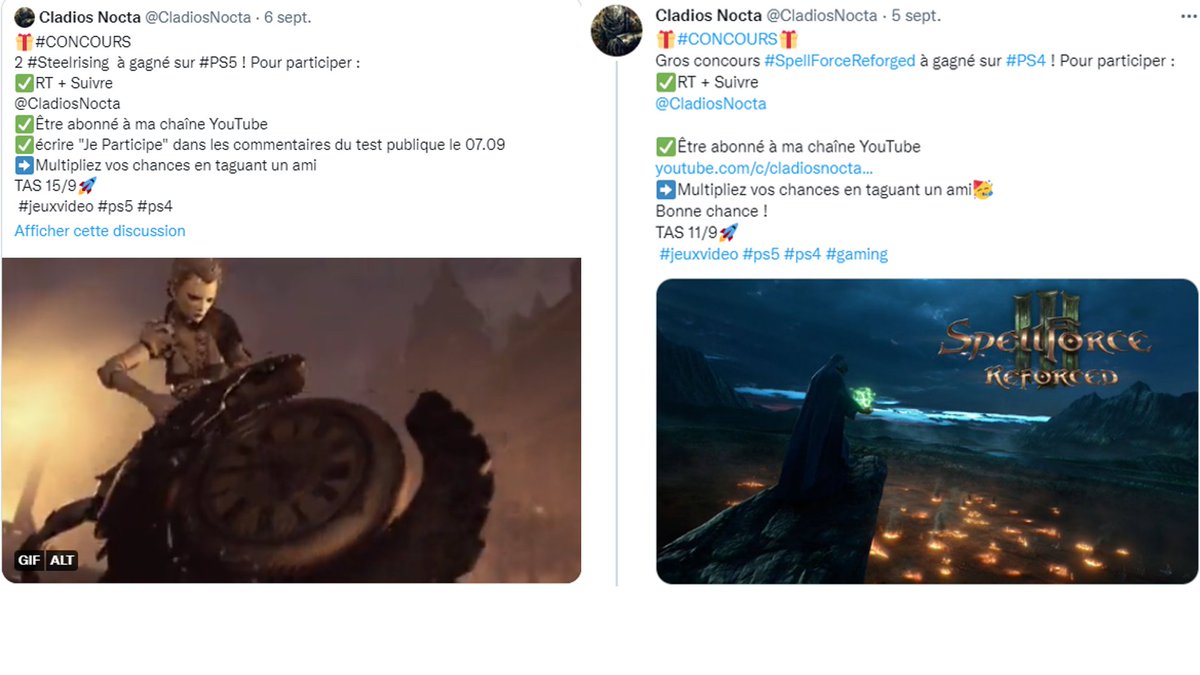 CladiosNocta's tweet photo. Bon weekend ! Petit rappel, il y a en ce moment 2 #Concours sur la chaine Le 1er pour gagner 2 Codes #PS5 #Steelrising & le second pour #SpellForceReforced sur #PS4. Les conditions sont sur la page
#gaming #jeuxvideo #concour #concours #Giveaways #Giveaway #darksouls #EldenRing https://t.co/ByauHM19AU