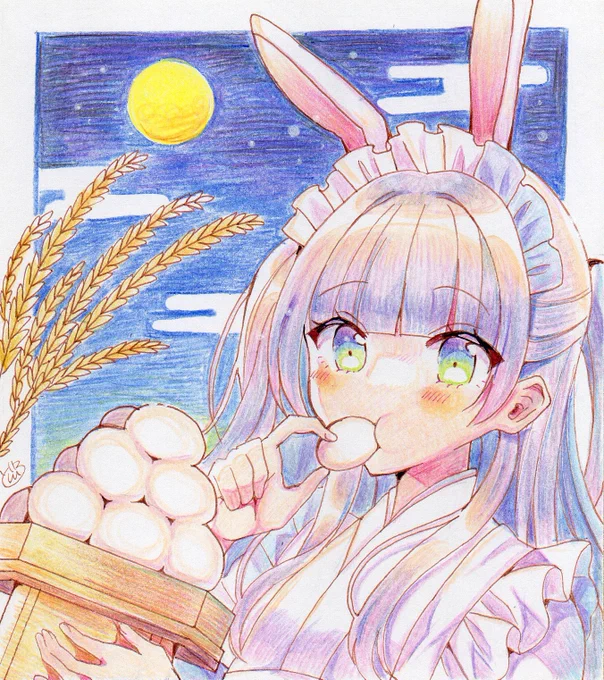 お月見団子つまみ食いするうさ耳メイド#創作#色鉛筆#十五夜 #中秋節 