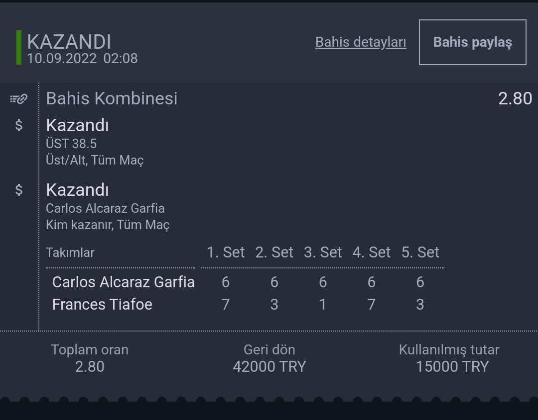 Gerçekten şaka gibi bir orandı42 ye kadar merdiven yapacaktım ama dedim abartma amk Alcaraz yanına 48.5 ve 39.5 aldım.Temiz kar bıraktı ama güzel kazandıkBu kombineler sadece burada başka yerde göremedim hem canlı hem maç önü.RT eden 5 kişiye 1000 Tl

👉🏻👉🏻 bit.ly/3KL7HpE