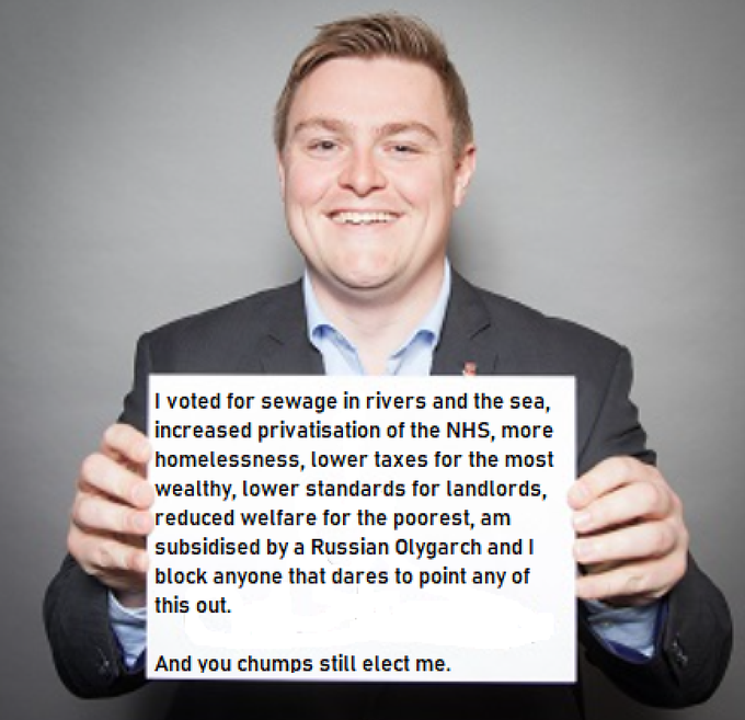 This is my MP <a href="/willquince/">Will Quince</a>, He voted to scrap the triple lock on pensions, voted to allow dumping of raw sewage in our rivers and he voted to split up the NHS into 42 areas each led by an Integrated Care Board. #colchester it's time for a change?