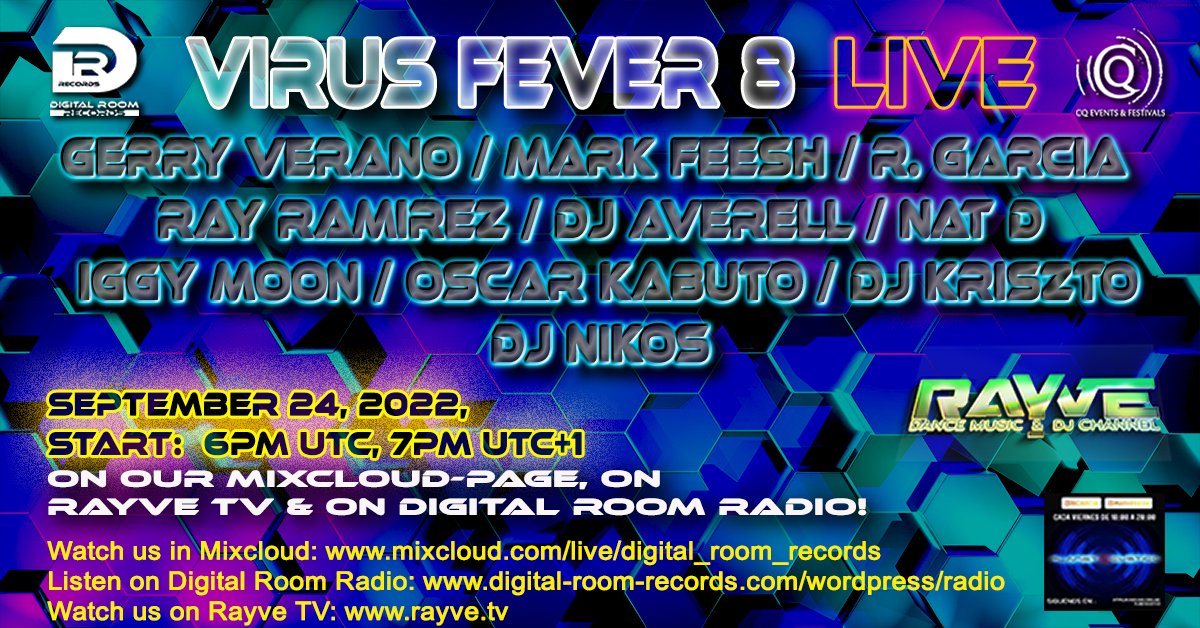 DigitalRoomReco's tweet image. We continue our journey of VIRUS FEVER on September 24! Click the link below to join our clinic of electronic music. Get infected with electronic beats, melodies and feelings of love &amp;amp; freedom: mixcloud.com/live/digital_r…