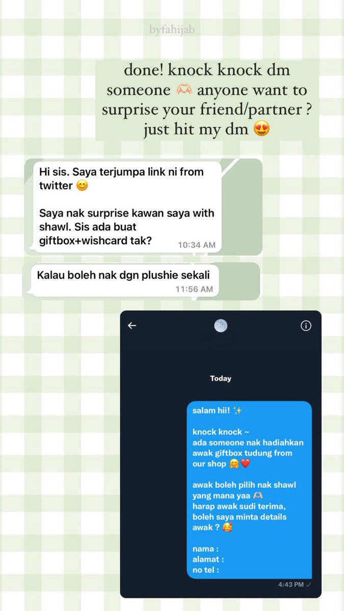 raudhahbungaa's tweet photo. βsaya nak surprise kan kawan saya with giftbox. any giftbox yg sis boleh recommend? It's for her getting dean's listβ
done knock knock dm someone for surprise gift ππ«Άπ»
#bungaKnock2dm #fahijabgiftbox https://t.co/yaBm828TuA