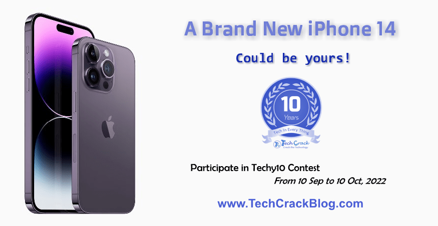 TechCrackBlog's tweet photo. It's Time for the Techy10 Contest ๐
Celebrating the 10th Anniversary of TechCrack with a giveaway of iPhone 14 and many prizes. ๐
Participate Now Using This Link - https://t.co/INnhXXyl3Q
#Techy10 #TechCrack #Contest #iPhone14 https://t.co/FLcJ6NSC8N