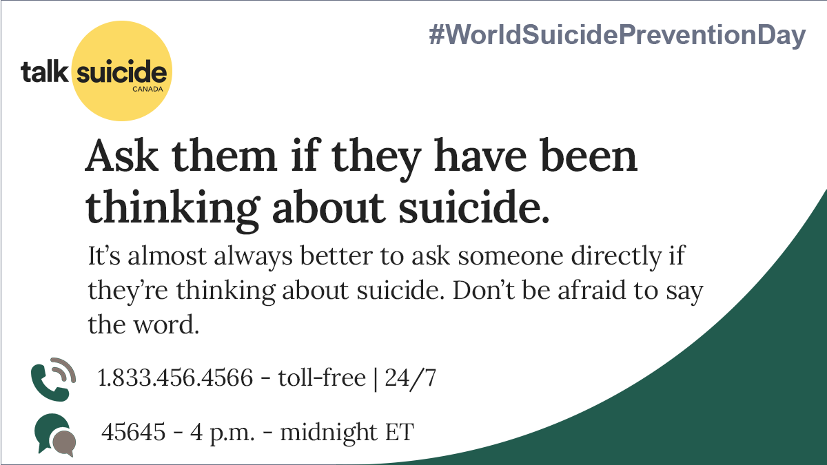 988Canada's tweet photo. Many people who are thinking about suicide want to talk about it. Here is how you can open up the conversation. (1/2)

#WorldSuicidePreventionDay #SuicidePrevention #WSPD2022 https://t.co/KHBz1Od2nE