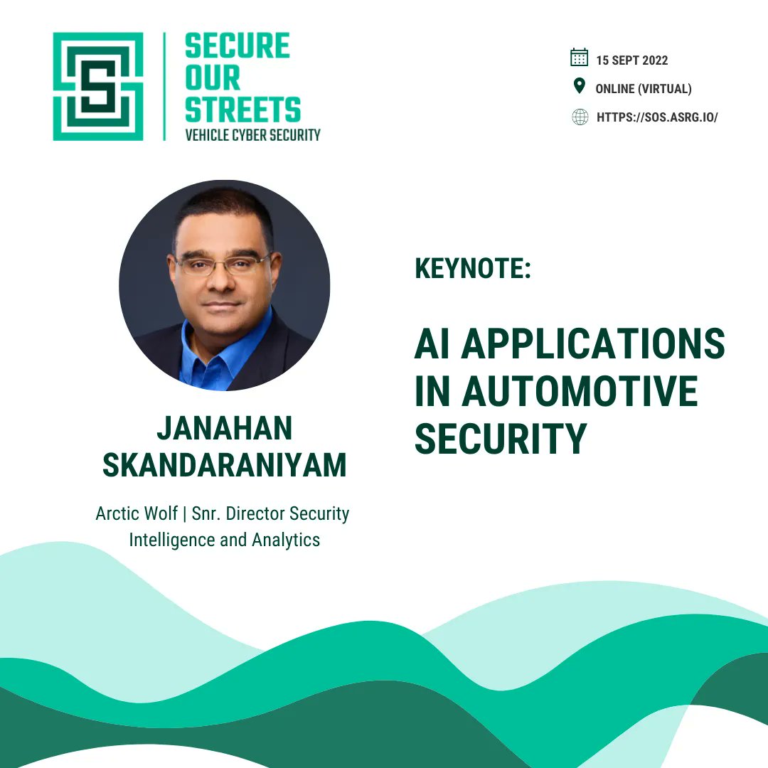 SecureOurStreet's tweet photo. We are excited to announce that Janahan Skandaraniyam will be presenting a Keynote at the SOS Conference (https://t.co/DH5TDExv0h) on applications of AI and Machine Learning to Automotive Security.  
#ASRG #SOS2022 #Keynote https://t.co/kveuMfX1my