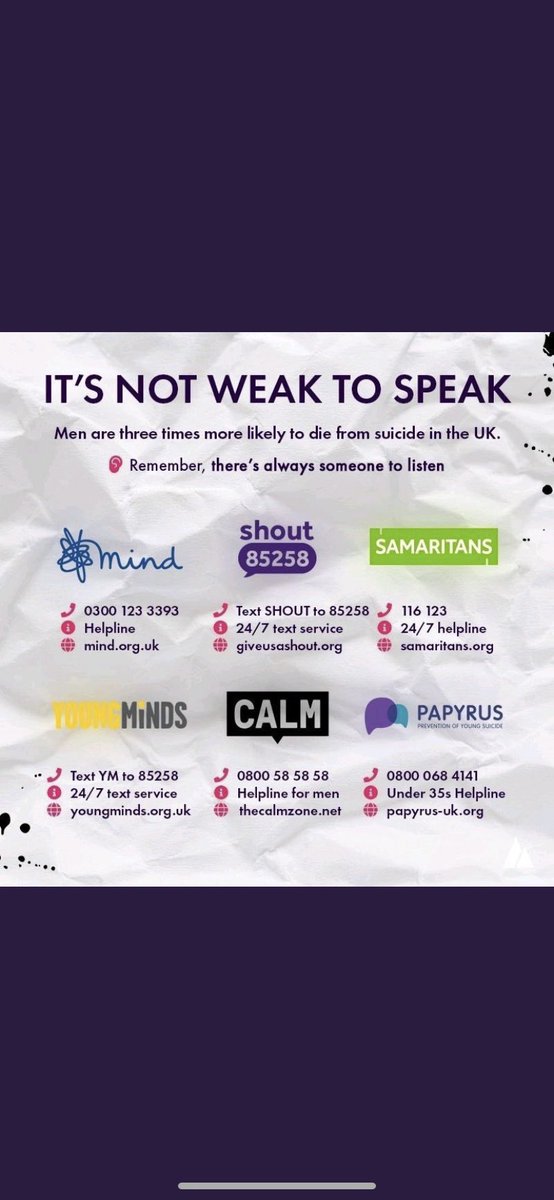 Today is #SuicidePrevention  Day 

It's a tough old world out there but it is important to remember that you are not alone, you are loved and you deserve to be happy.

Below is a list of organisations that are here to help, don't suffer in silence, it is not weak to speak.

⬇️