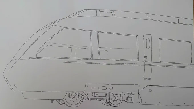 #絵描きさんとつながりたい #イラスト好きな人と繋がりたい #イラスト #アナログ絵 #模写 #小田急線 #ロマンスカー #70000形 #GSE 模写の線画と塗り完成の赤い消防車ロマンスカー"GSE"特徴的な床下カバーや窓枠など手描き再現! 
