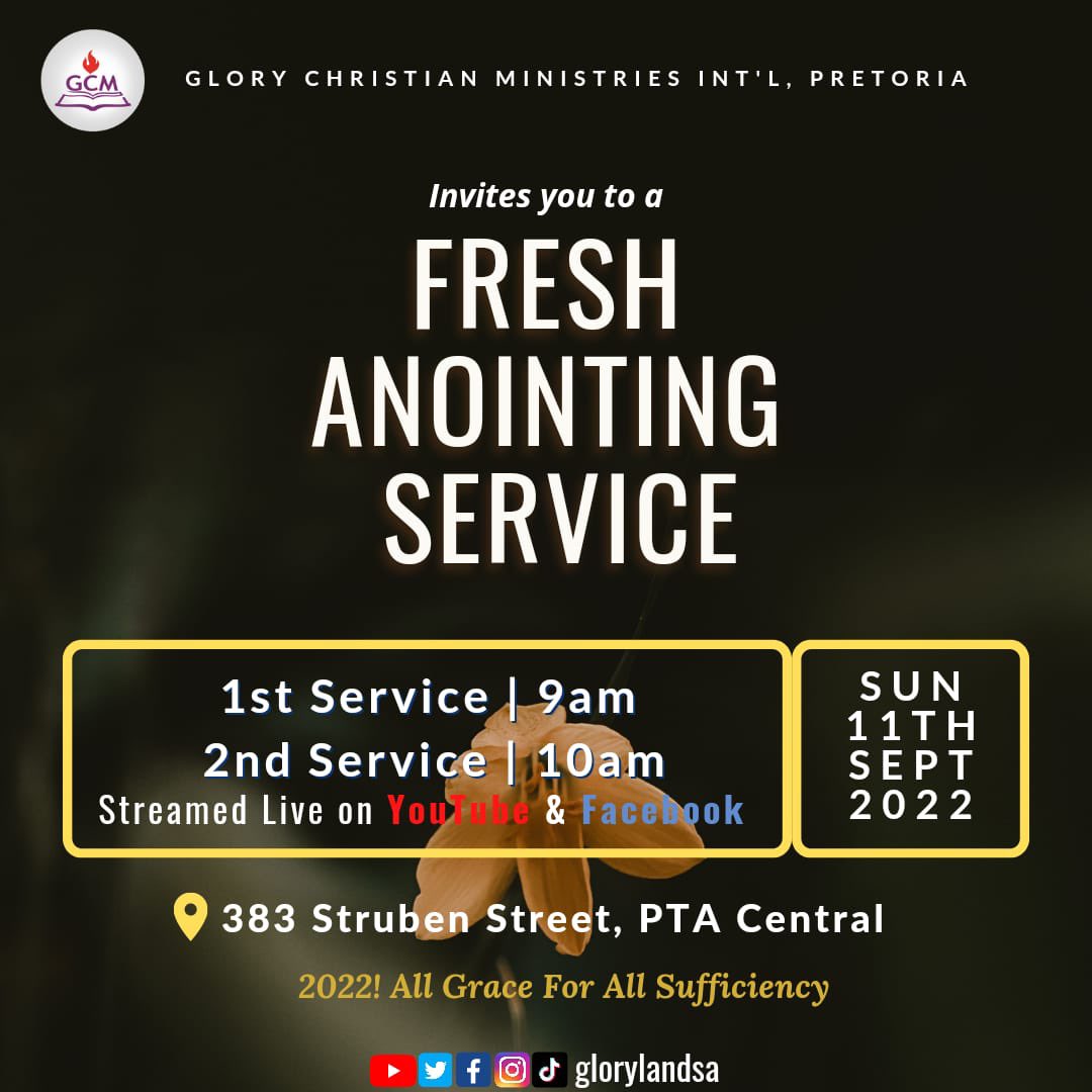 glorylandsa's tweet photo. Join us this Sunday for our Fresh Anointing Services🎉🎉
Venue: 383 Struben Street, PTA Central.
You can also join the service live on YouTube: https://t.co/41ZFJdHOfi & Facebook: https://t.co/HS5CaWIJtN
Please share & invite someone 🙏🏽 #OneManOneSoul https://t.co/Oed93VqsW7