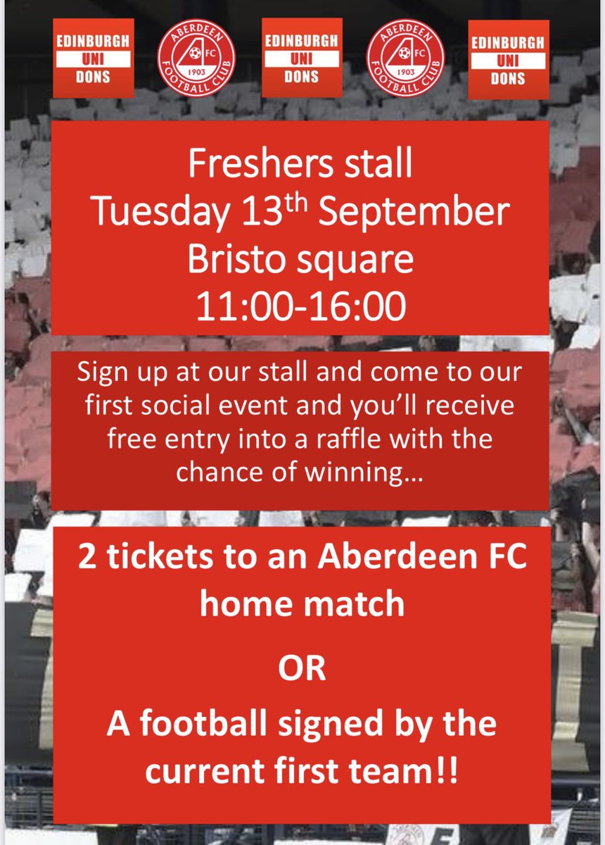 EdUniDons's tweet photo. Hope to see as many of you as possible at our freshers stall next week! Come and see us and you’ll have  a chance at winning great prizes, kindly donated by @AberdeenFC #standfree 🇦🇹 https://t.co/PJy2HzJRs0