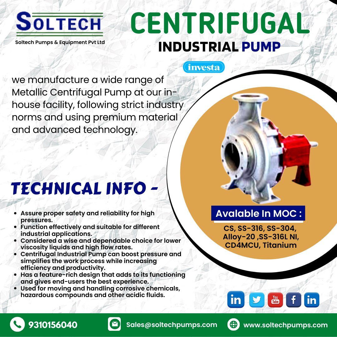 👉We Are Leading Manufacturer of Centrifugal industrial Pump with International Quality Standards. you want Industrial Pumps for Waste Water Management, 
Call : +919310156040
#soltechpump #chemicalpump  
Sales@soltechpumps.com
soltechpumps.com