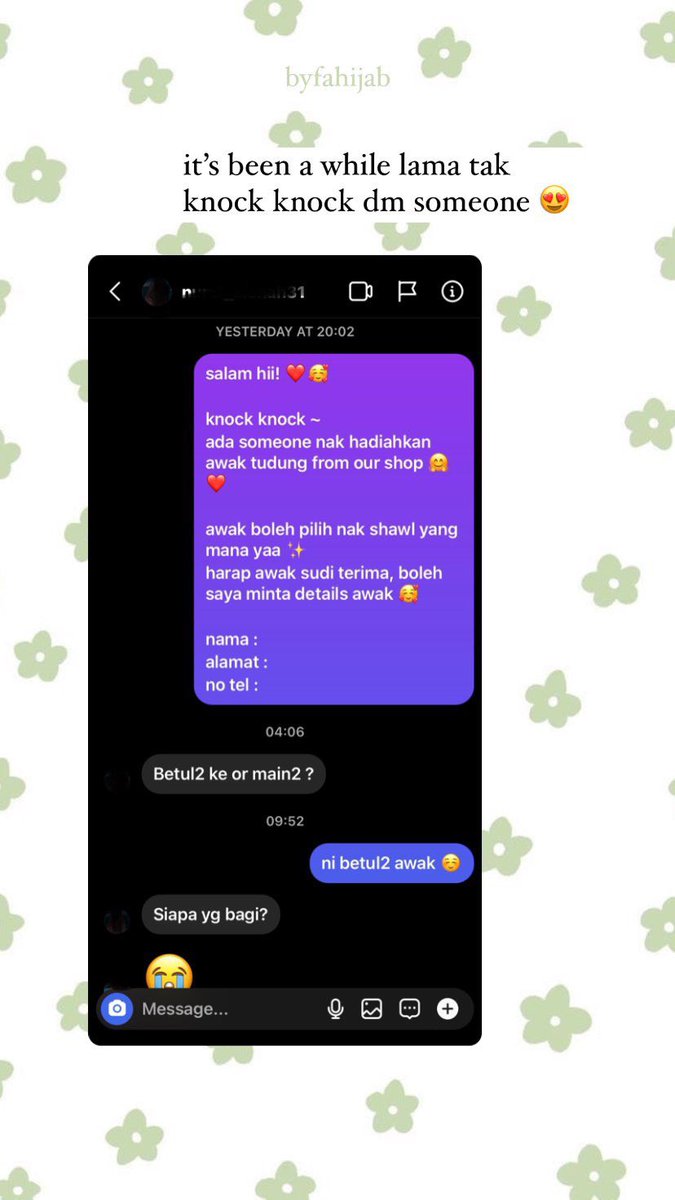 raudhahbungaa's tweet photo. βkalau boleh saya nak belikan sesuatu yang dia akan pakaiβ π
knock knock time julai haritu π«Άπ»
anyone want me to surprise kan your friend/partner ? hit my dm anytime π
#bungaKnock2dm #fahijabgiftbox https://t.co/EAA3aGz6kR