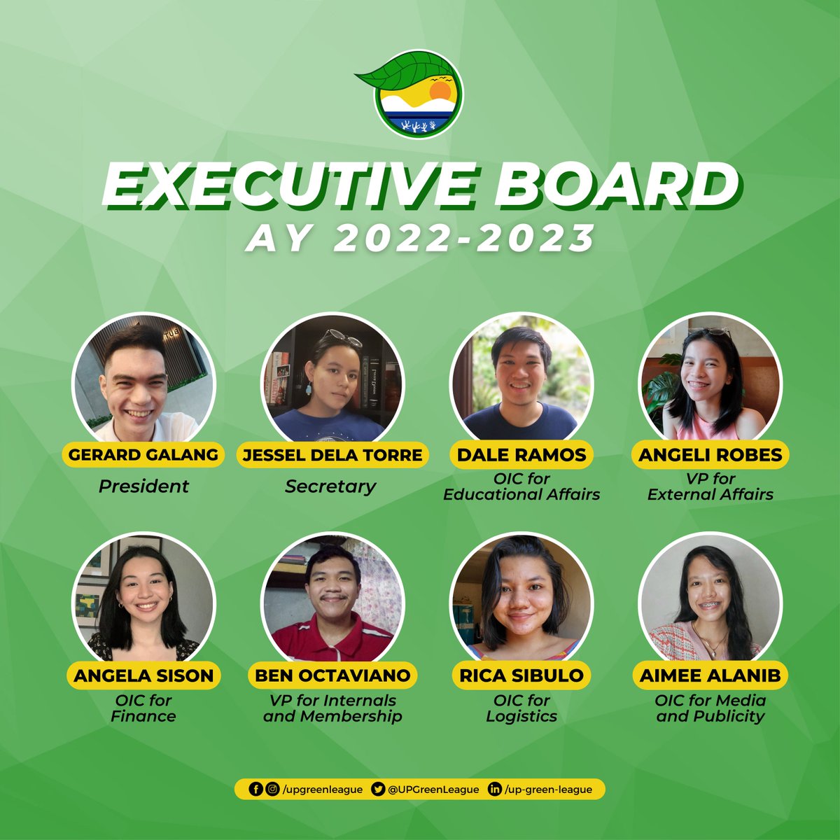 UPGreenLeague's tweet photo. Pagbati sa mga bagong Executive Committee ng UP Green League, Inc. para sa akademikong taon 2022-2023! ๐
Hangad namin ang inyong maayos na pamamahala sa organisasyon para sa ikabubuti ng Inang Kalikasan at mga kasapi. ๐ฑ
#ProtectRestoreConserve https://t.co/fJ3fNsbaDo
