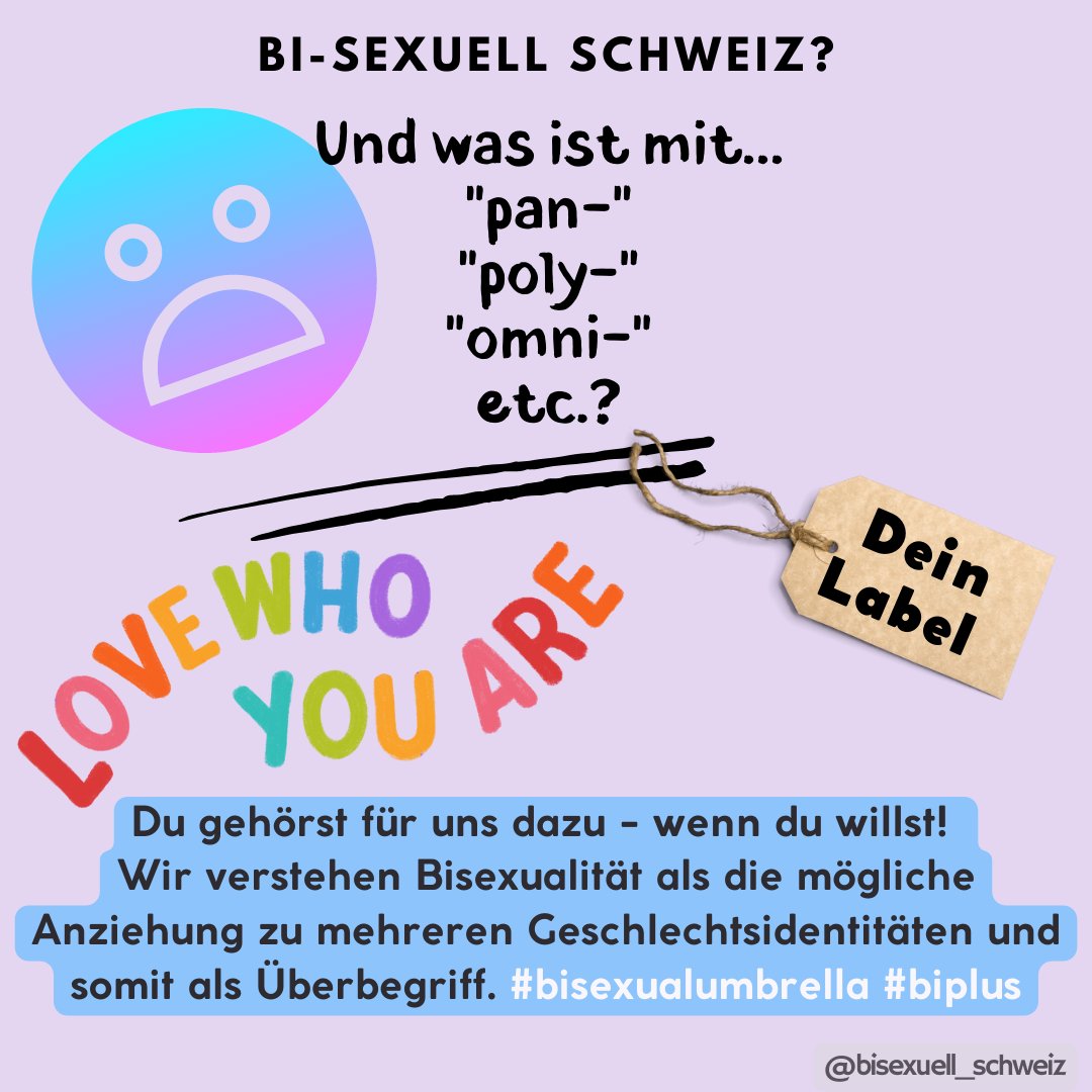 Wir wollen niemandem ein Label aufzwingen.
Labels sollen hilfreich sein um sich zu finden und auszutauschen, aber niemandem aufgezwungen werden.

#bisexuell #bisexual #pride #queer #loveislove #bisexuellschweiz