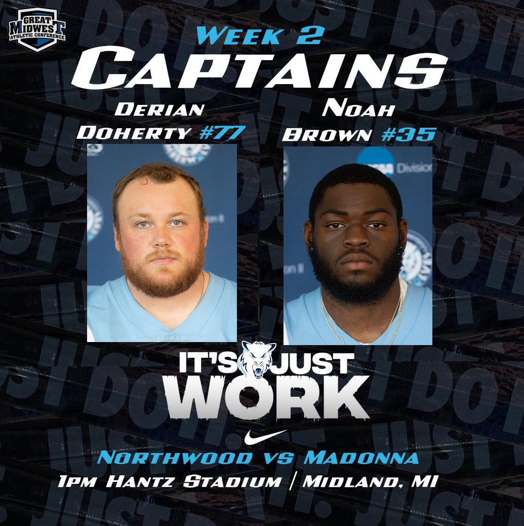 Northwoodfball's tweet photo. GET UP ITS GAME DAY!! Your week 2 captains are senior OL Derian Doherty and senior LB Noah Brown #ItsJustWork #RollTimbys 🐺 https://t.co/M6wqfrdRGa