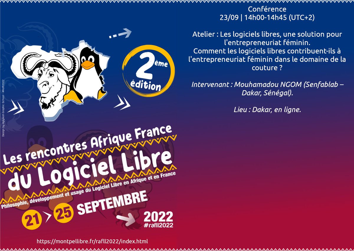 Montpellibre's tweet photo. Les Rencontres Afrique France du Logiciel Libre sont 5 jours d’échanges en présence et à distance sur la philosophie, le développement et l’usage du Logiciel Libre en Afrique et en France. Du 21/09 au 25/09 https://t.co/OY8OcdLoJd Mouhamadou Ngom @senfablab #rafll https://t.co/ZjhTs8yfQE