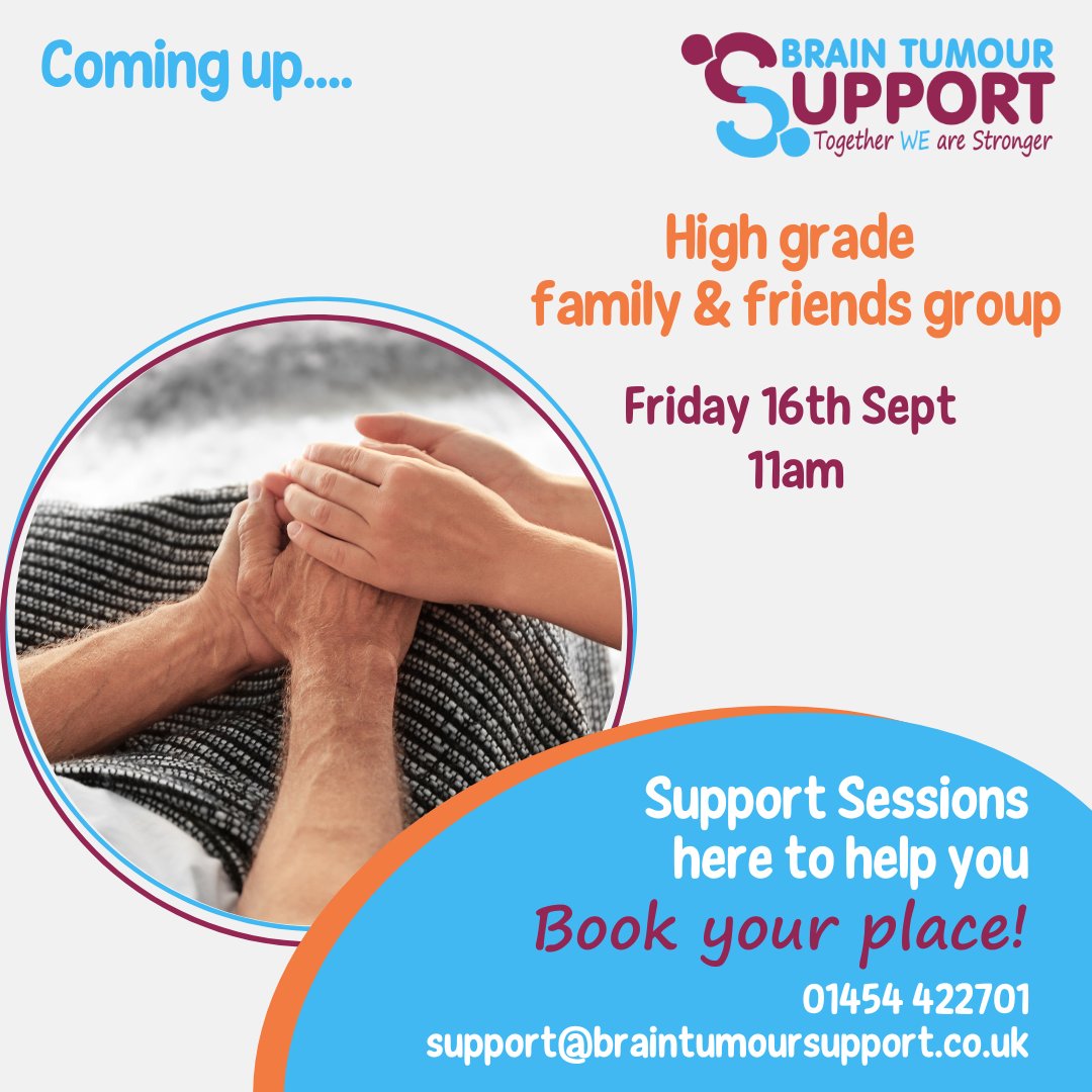 BrainTumourSupp's tweet photo. Next Friday, we have a group for family and friends who are supporting a loved one with a high grade brain tumour.
Call 01454 422701 or email support@braintumoursupport.co.uk
#braintumour #braintumoursupport #carers #supportingalovedone #highgradebraintumour #gbm https://t.co/vFarTP6nU0