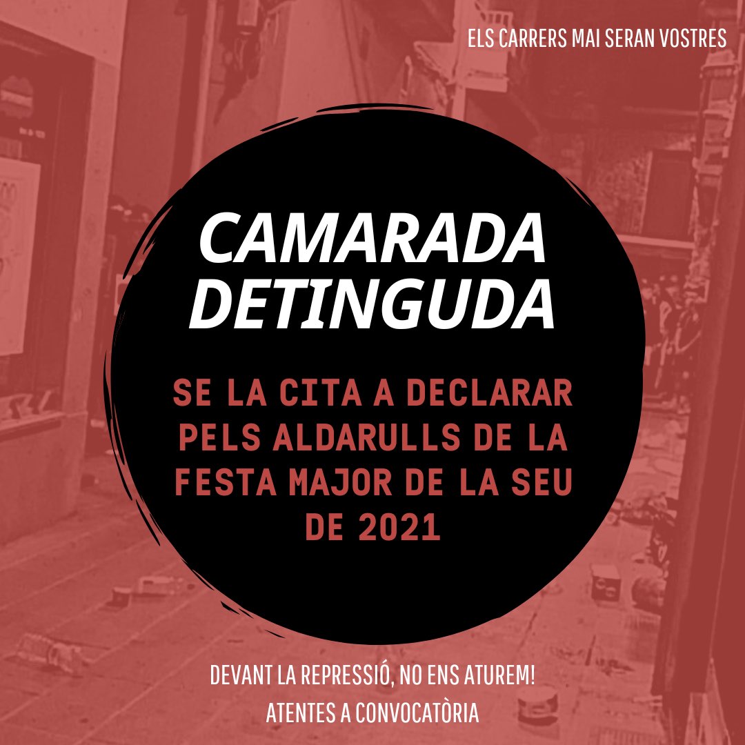 Han detingut a la Laia❗

Els mossos l'han arrestat com a cap de turc pels aldarulls de la Festa Major de la Seu de l’any passat. 

La detenció respon als mecanismes de disciplinament de l’Estat Burgès al jovent de classe treballadora.

Atentes a possibles convocatòries⚠️