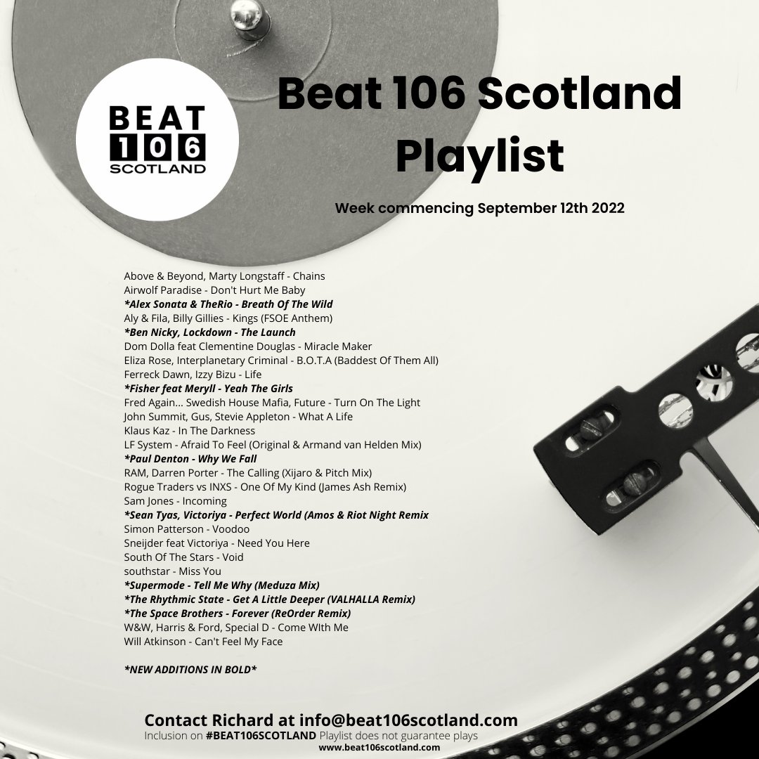 beat106scotland's tweet photo. The new @beat106scotland playlist for this week featuring adds for:
@sonata_therio @bennicky @Lockdownmusic_ #Meryll @DjPaulDenton @SeanTyas @victoriyamusic @AmosRiotNight #Supermode @meduzamusic @RhythmicState @valhalla365 @t_spacebrothers @ReOrderDJ https://t.co/99p0SG1eIV