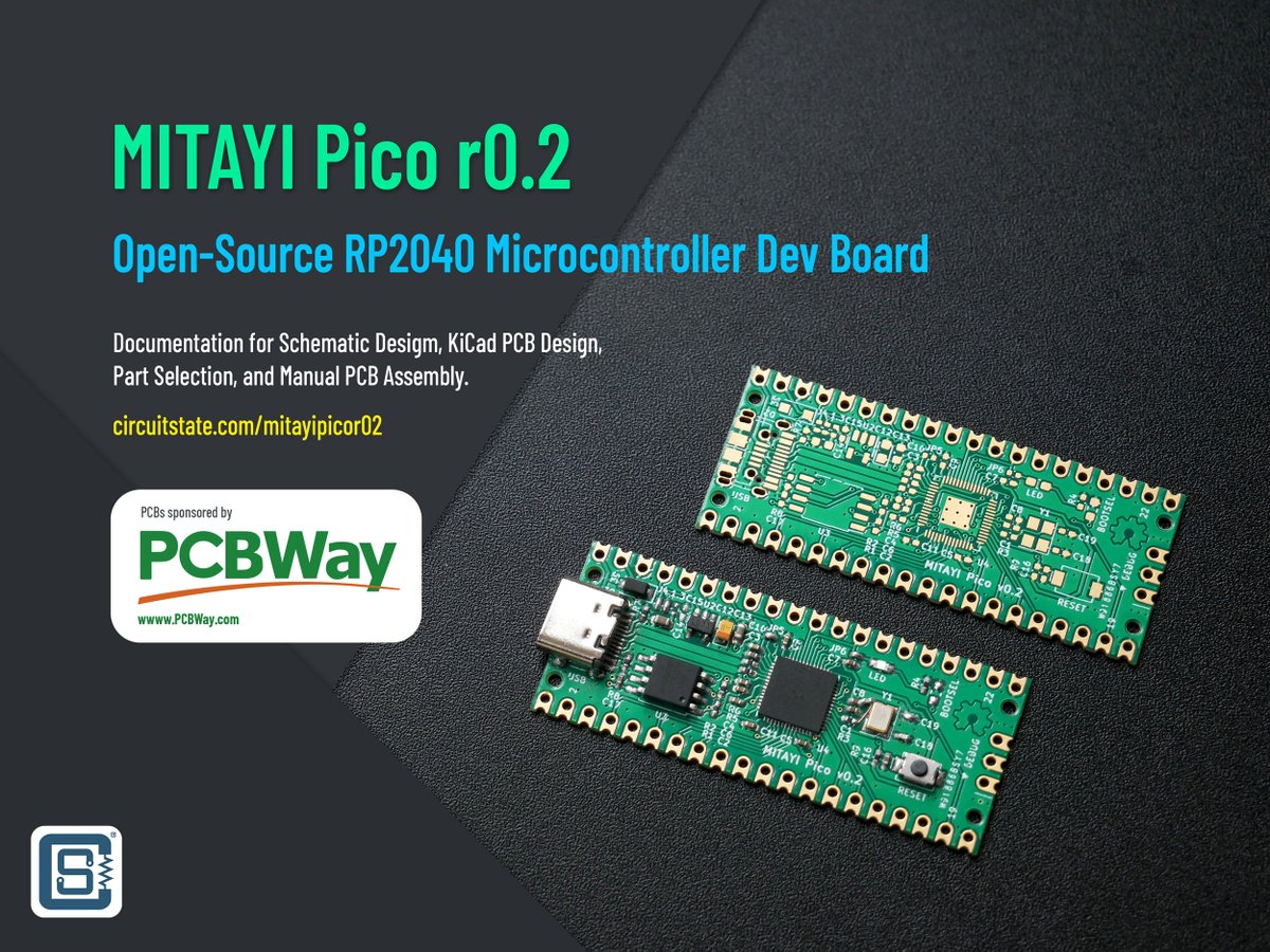 circuitstate's tweet photo. What's happening? Well, we just shared the first post on our MITAYI Pico revision r0.2 - an open-source microcontroller dev board.
https://t.co/V4R5A0BuMg
PCB was designed in @kicad_pcb 6 and the beautiful PCBs were sponsored by @PCBWayOfficial ✨
#Pico #RP2040 #Mitayi #OSHW https://t.co/wtd5xkqeIc